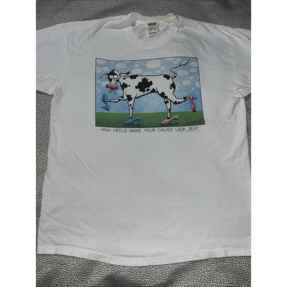 Vintage White T Shirt XL Cow Funny Anvil 90s USA Some Staining